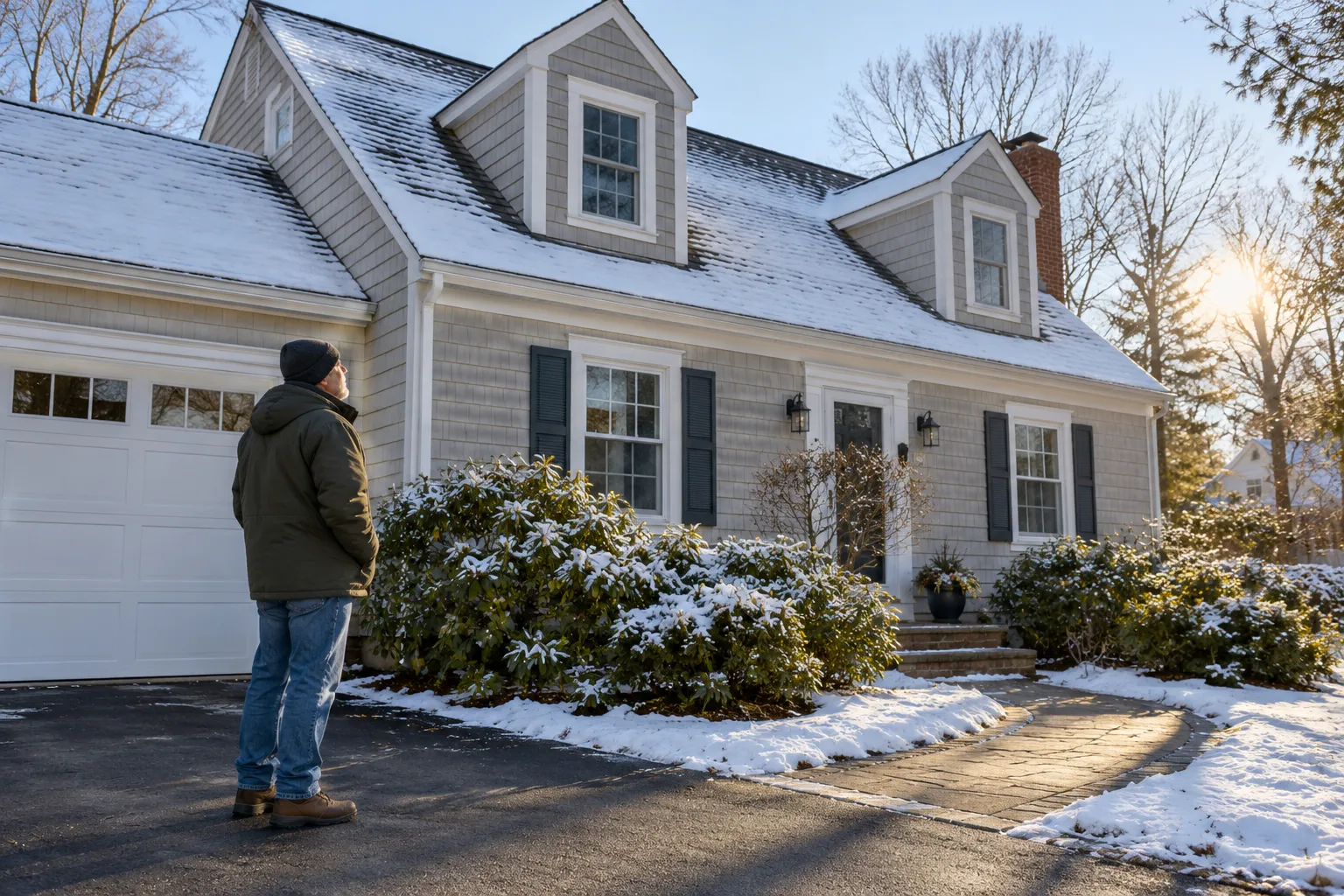 Home with a snow-dusted roof in Agawam Town on a clear winter morning